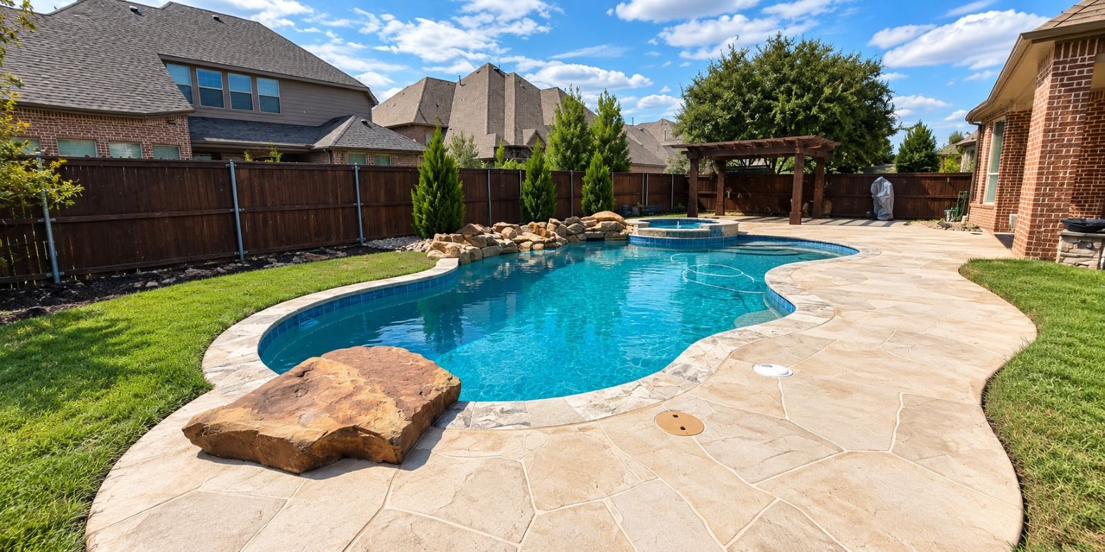 Completed backyard pool deck with a bright decorative concrete finish
