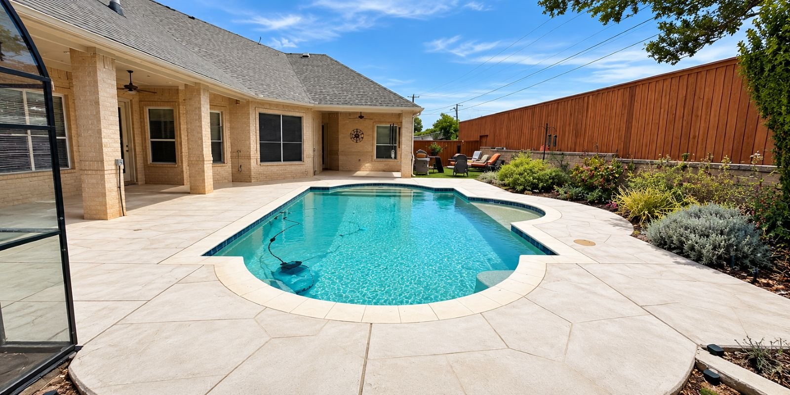 After: renovated backyard pool and light decorative patio