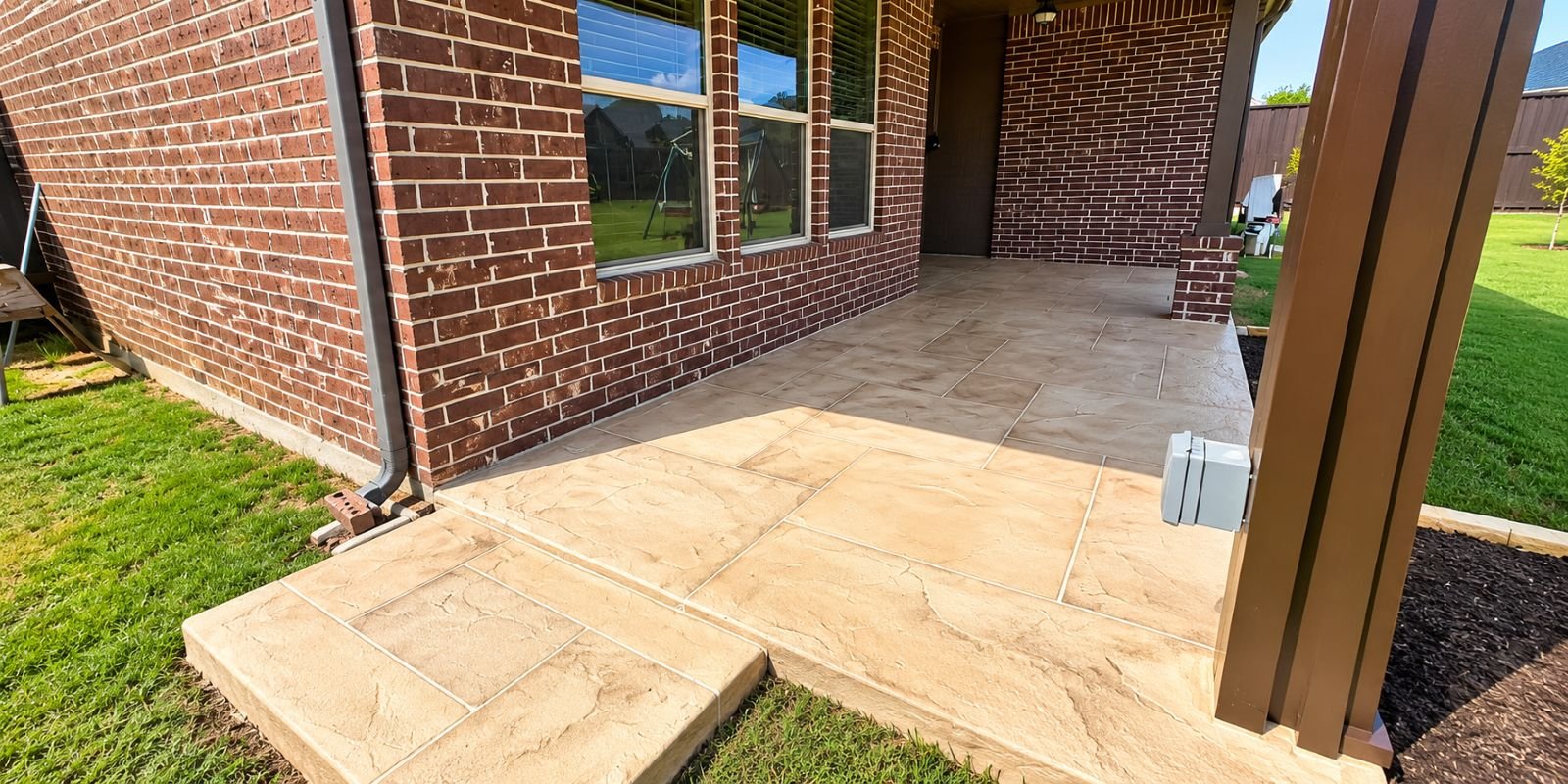 After: completed brick-home patio with decorative concrete finish